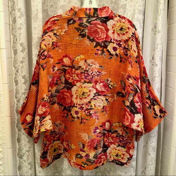 SAITHONG * NWOT Designer Vibrant Orange Floral Kimono-Style Blouse - Picture 4 of 6